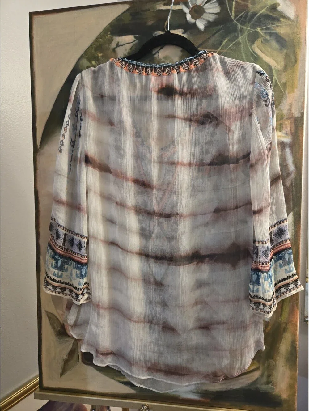 Hale Bob Women's Wearable Art Silk Crinkle Chiffon Beaded Detail Blouse Size M